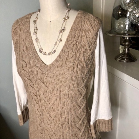 Anthropologie Pilcro Tan & White Cable Knit V Neck Sweater Medium - Picture 5 of 8